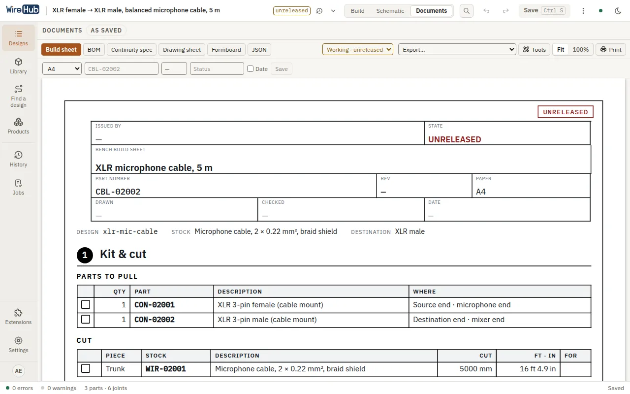 The Documents view with the build sheet open: its title block, the parts to pull and the cut list