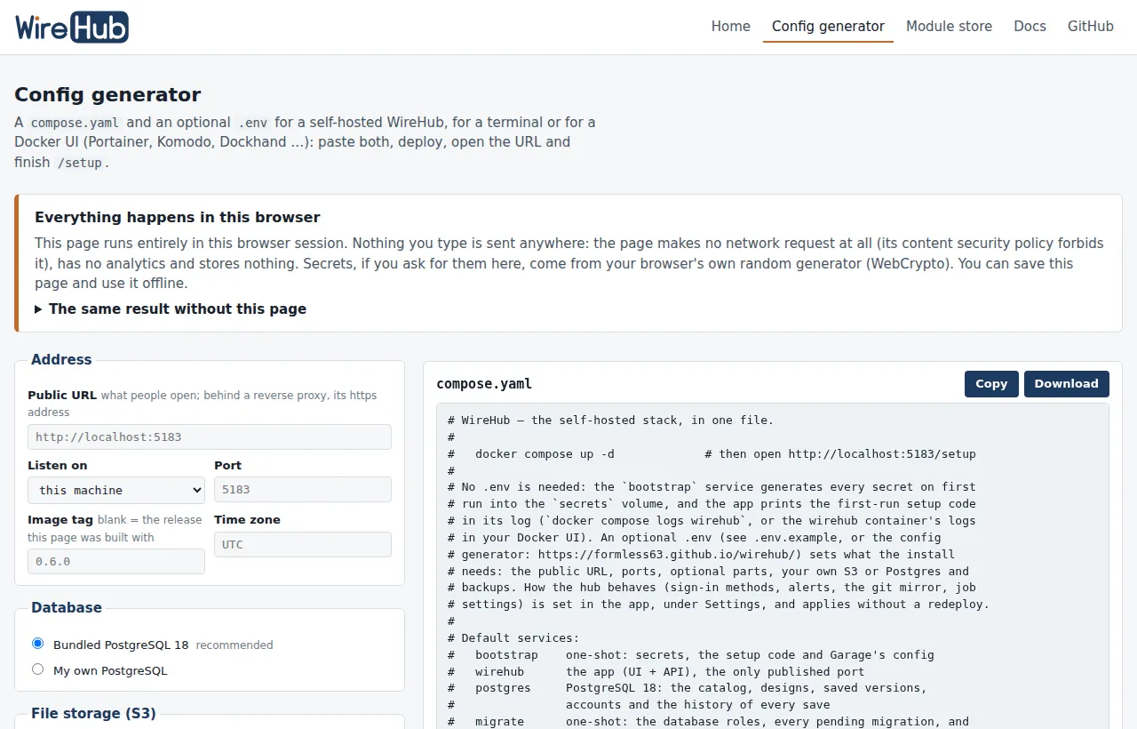 The config generator: the address and database options on the left and the generated compose.yaml on the right