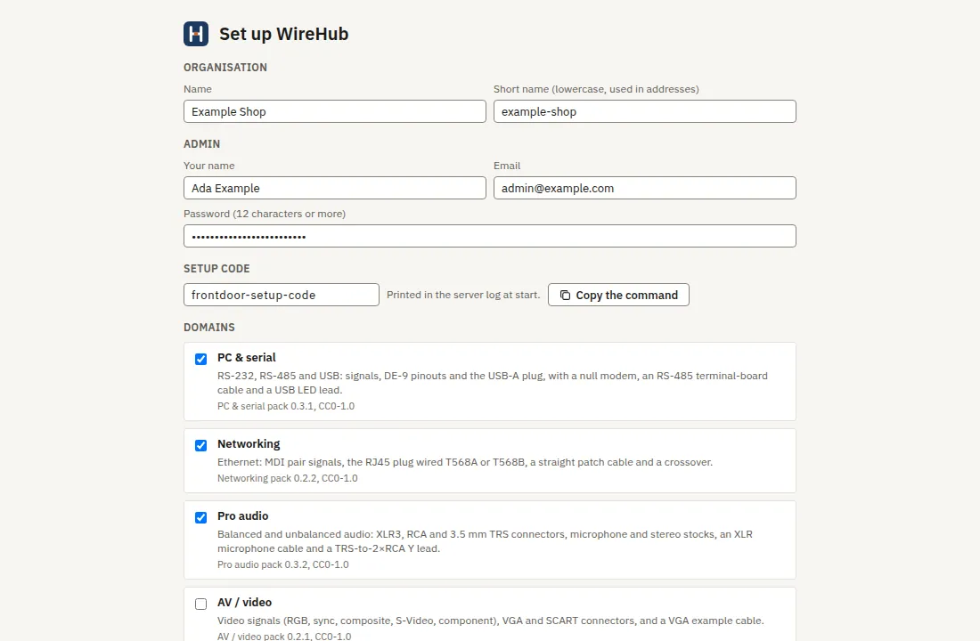 The first-run setup page with the organisation, admin account, setup code and domain packs filled in