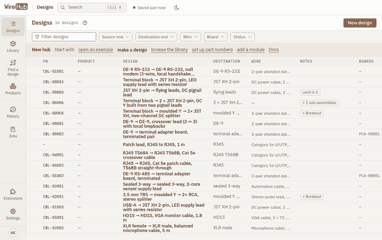The New design wizard: name, source plug, wire and length, destination plug, then the review